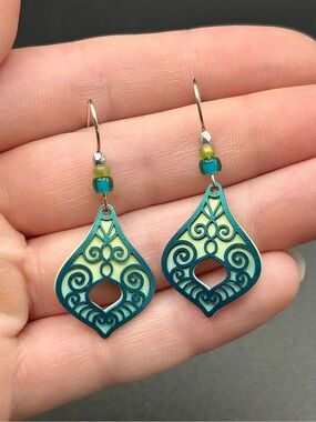 Adajio Green & Aqua Victorian Teardrop Earrings - Filigree Overlay with 925 Hook